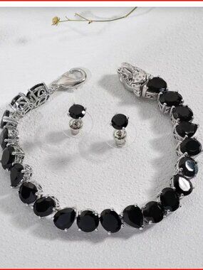 2 Piece Set Thai Black Spinel 48.50 ctw Panther Bracelet and Stud Earring